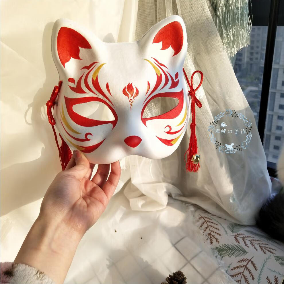 网红狐狸面具半脸猫脸纸浆面具和风手绘日本舞会动漫cosplay道具下午2