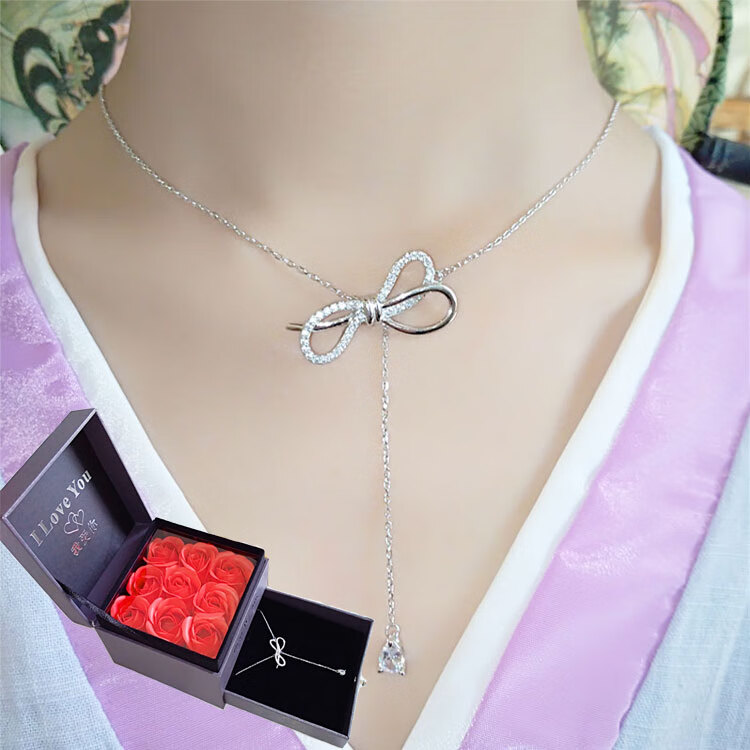 花礼盒bestwishes口红永生花正方形双层抽屉项 礼盒 蝴蝶结银本色项链