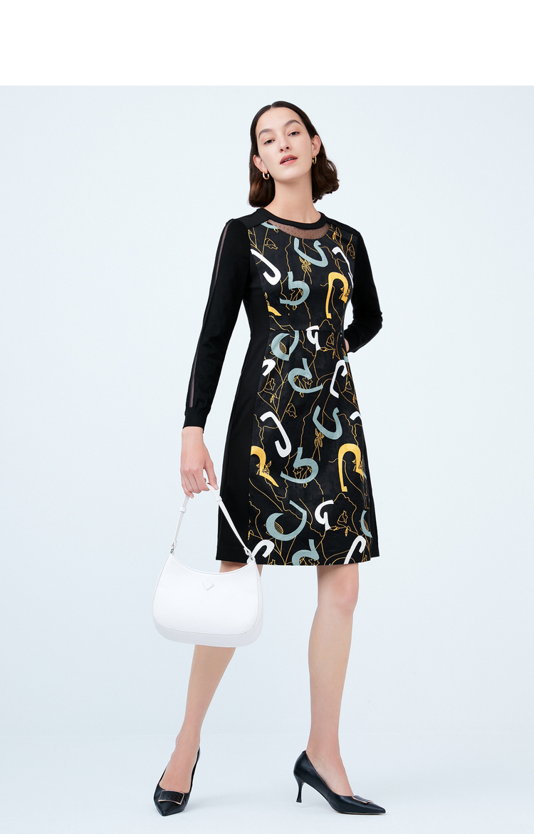 naersi娜尔思艺术层次感透视印花连衣裙冬季新款长袖中长裙黑色38m