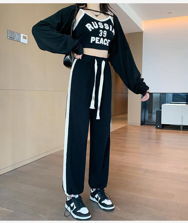 裤女宽松束脚小个子阔腿裤休闲显瘦直筒秋阔腿欧美卫裤潮ins 藏青色 m