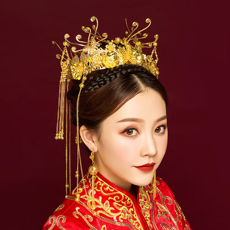 新娘古装秀禾头饰汉服中式流苏凤冠霞帔步摇秀禾服敬酒服结婚配饰套装