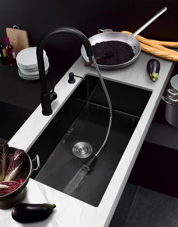 老板水槽单槽黑色纳米水槽单槽黑色台中台下盆嵌入式洗碗池304不锈钢