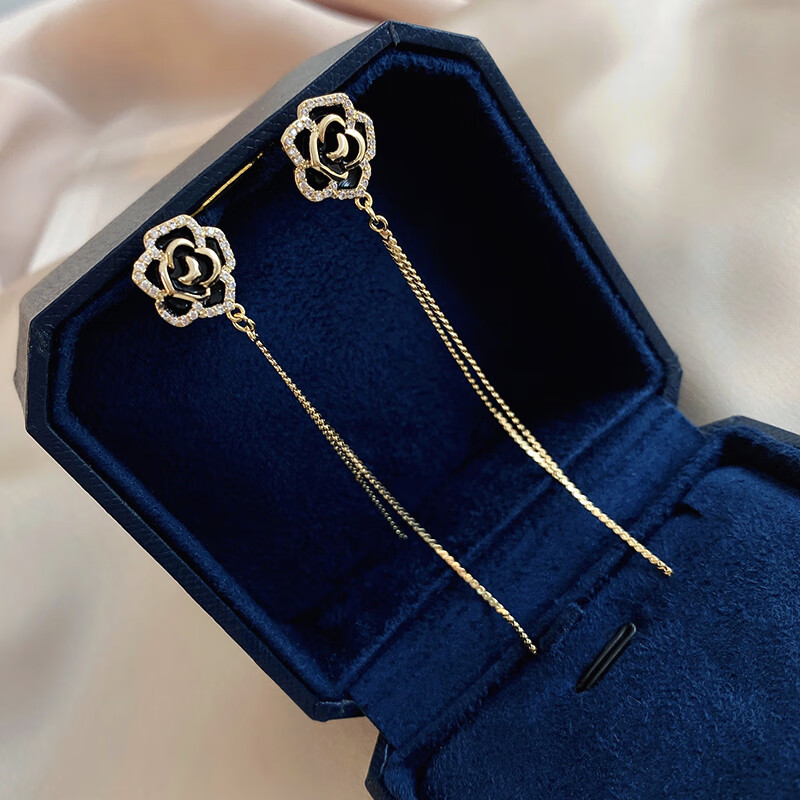 mamchomeltinee黑色山茶花耳钉女港风气质百搭长款流苏耳夹银针耳饰