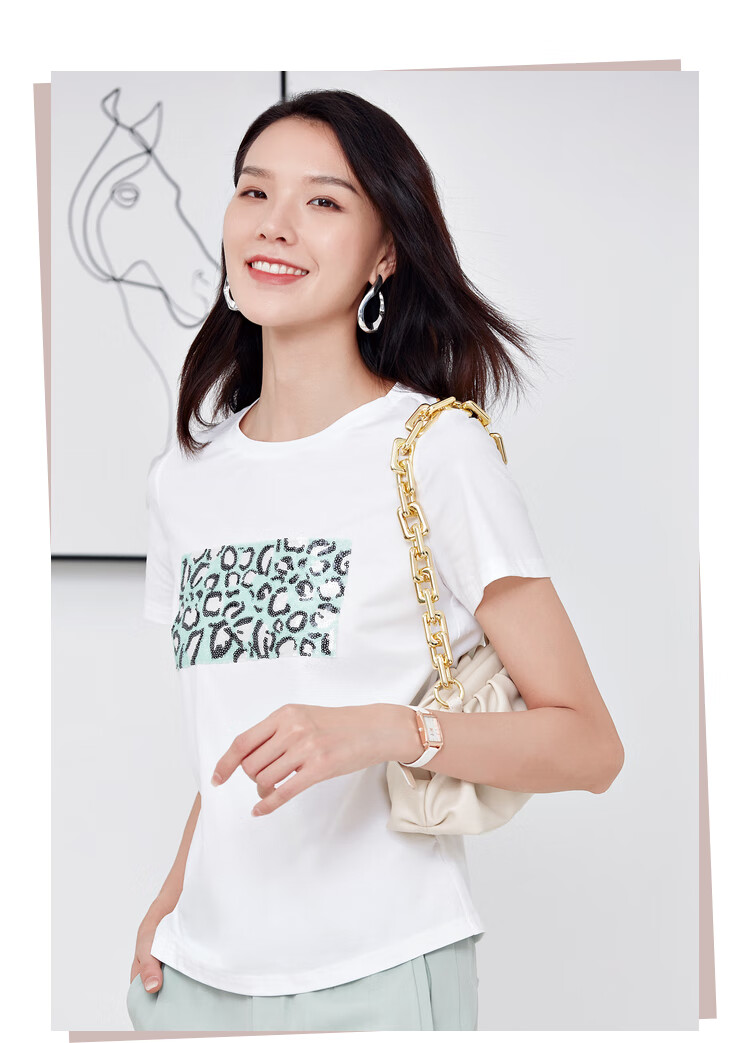 娜尔思白色t恤女夏季新款豹纹修身休闲圆领短袖上衣白色38m