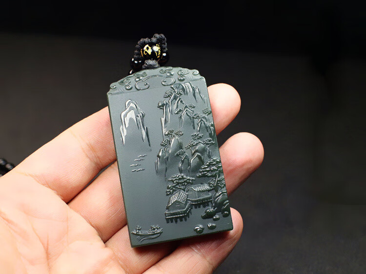 贺寿堂和田玉山水玉牌天然真品新疆青玉山流水玉吊坠男士女士玉石玉