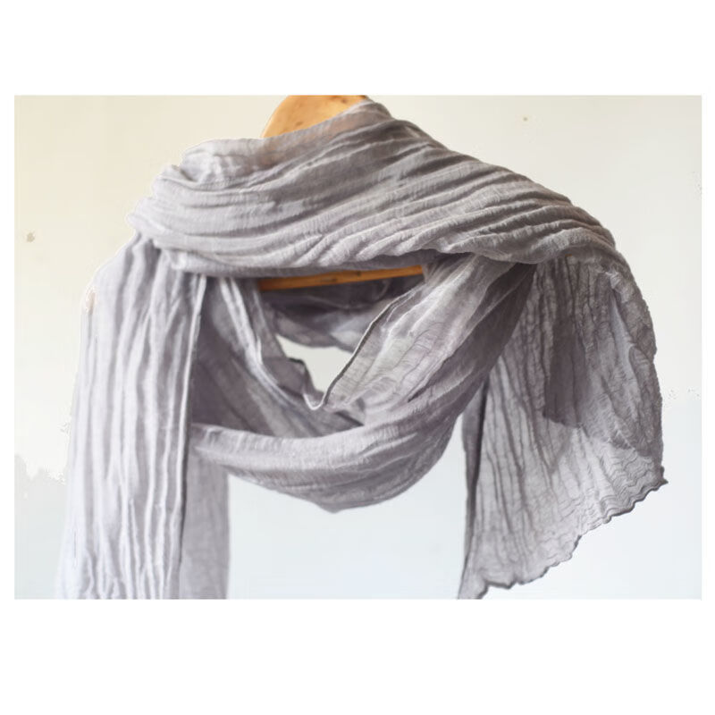 夏季褶皱围巾春夏薄款纯亚麻文艺长款搭配丝巾女日式复古百搭纱巾60cm