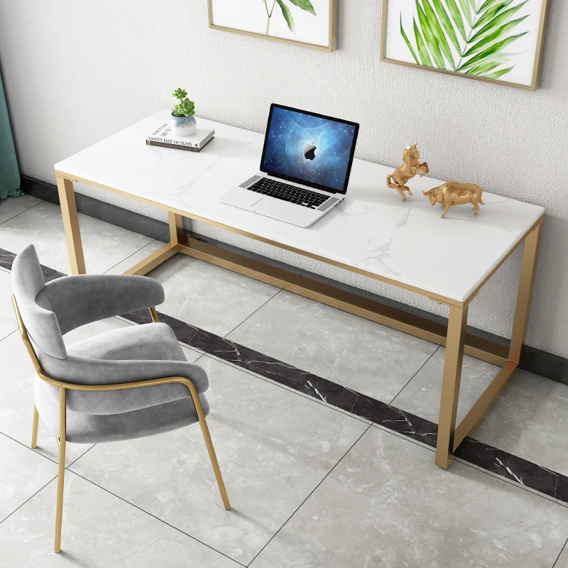 Slate Desktop Computer Table And Chair, White Marble Desk With Gold Legs