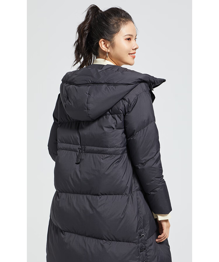 艾莱依2020秋冬新款休闲简约中长款连帽羽绒服女修身h型大衣 炭黑 175