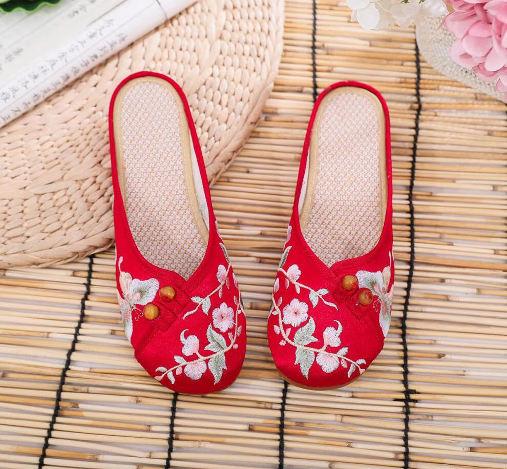 老北京布鞋包头夏绣花拖鞋女内增高民族风刺绣绸缎亚麻休闲凉拖鞋戏蝶
