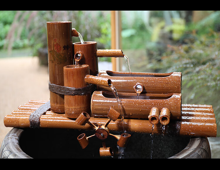 水缸造景竹子流水喷泉水车摆件竹筒创意装饰石槽循环流水器摆件 竹排