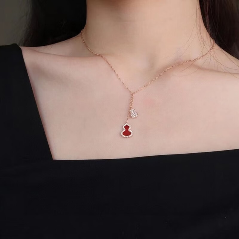 麒麟项链小葫芦麒麟小葫芦项链女玫瑰金红玉髓白贝母双流苏镶钻吊坠