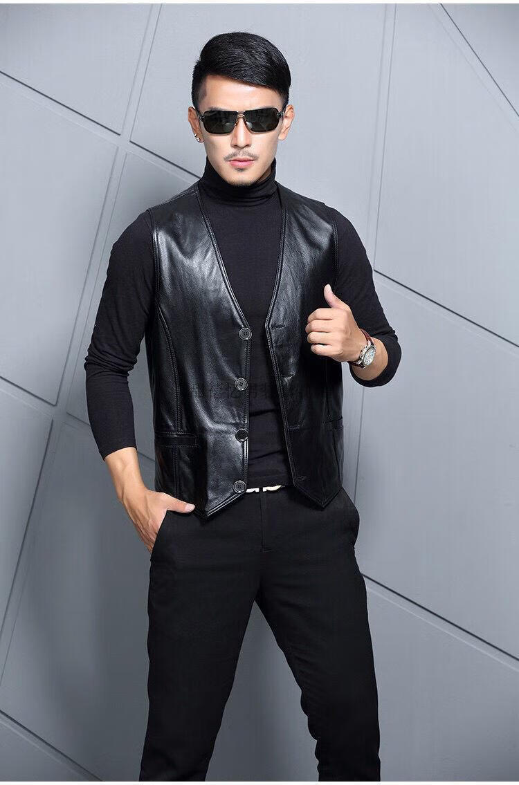 马甲男中老年绵羊皮真皮马甲时尚春秋休闲西装皮马甲背心黑色头层羊皮