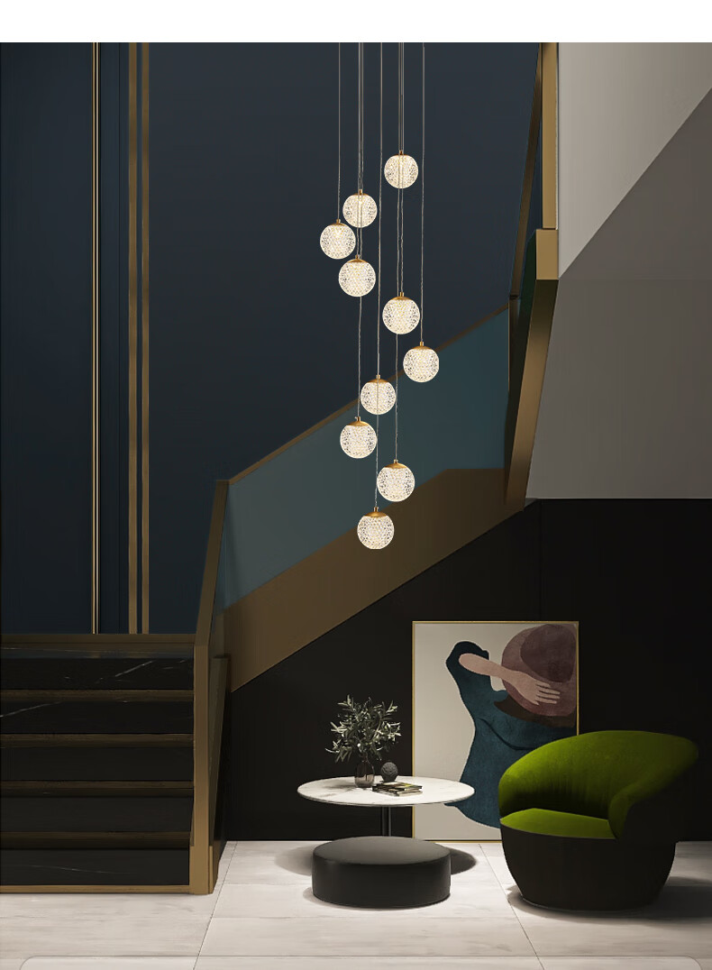 潮风范北欧全铜楼梯吊灯轻奢后现代简约大气旋转复式楼道灯商场别墅灯