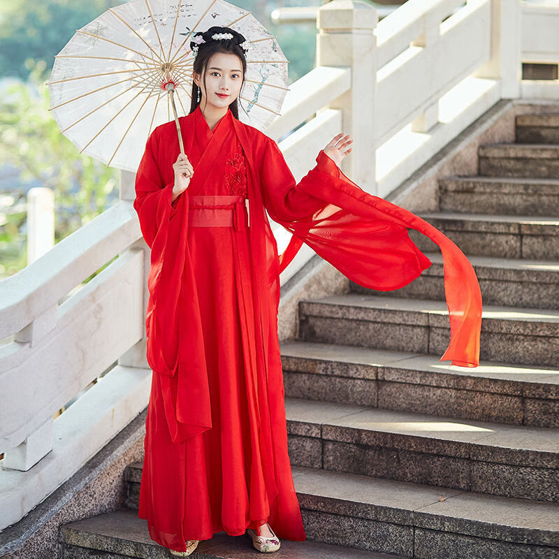 汉服女学生改良中国风红昭愿日常古装凉凉飘逸红色cosplay仙女裙上衣