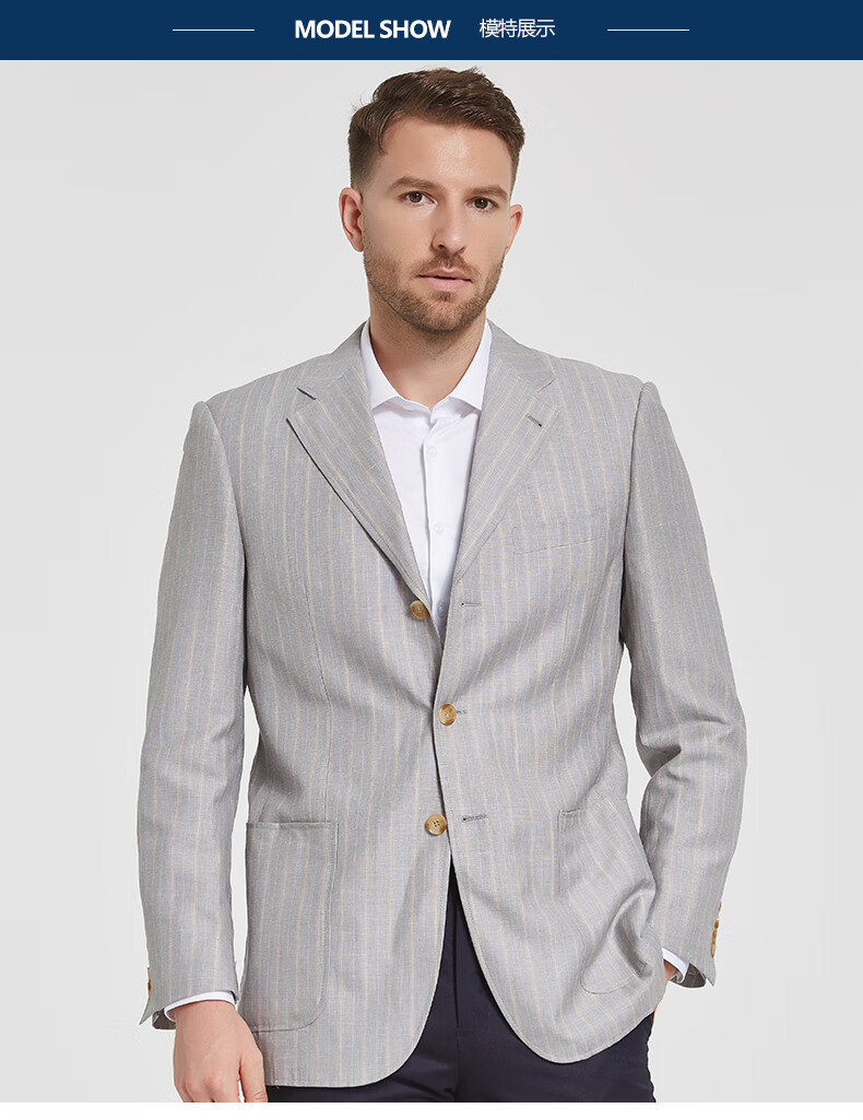 judger庄吉夏季薄款亚麻西服条纹便西装外套商务正装半里西服灰色165