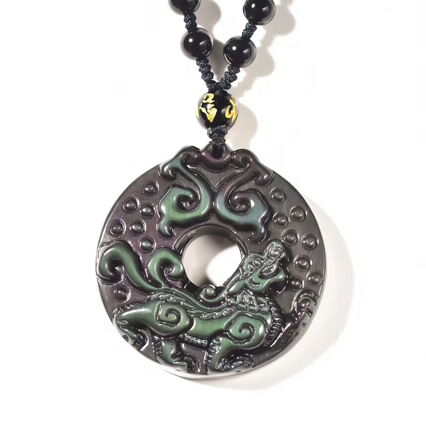 天然黑曜石如意麒麟吊坠招财男女项链转运彩虹眼水晶挂件 全珠链挂绳