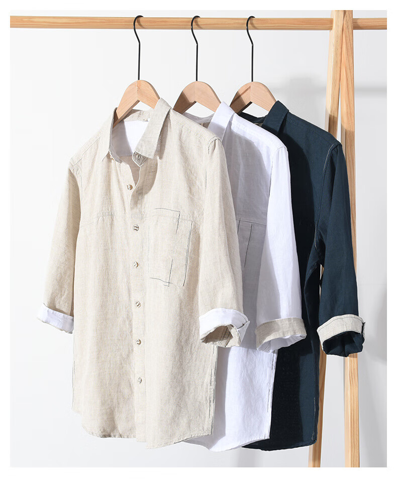 cotedylan春夏亚麻七分袖衬衫男宽松方领翻领缉明线日系简约休闲衬衣