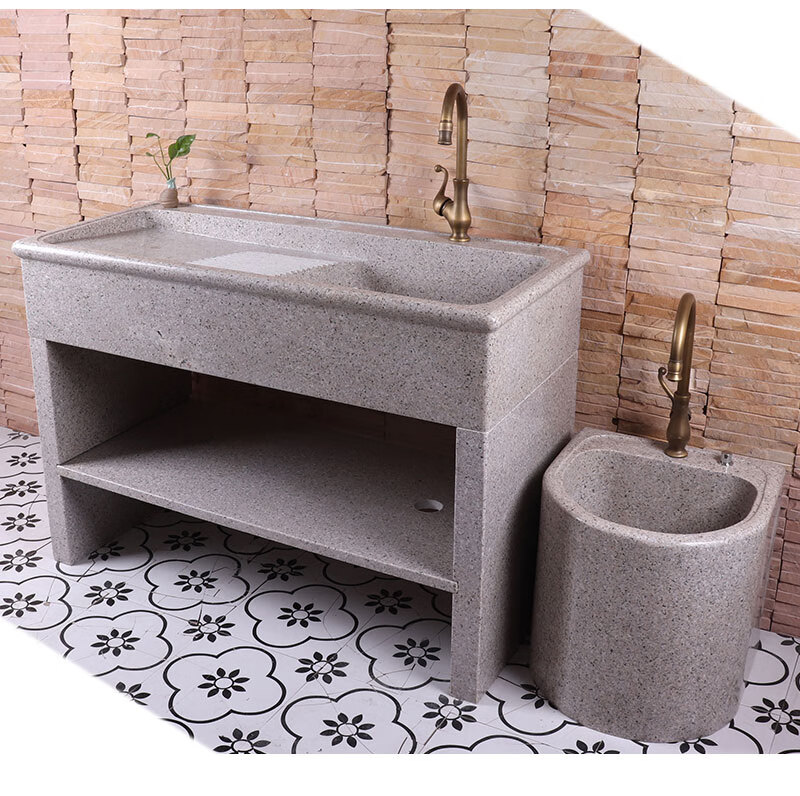 石材一体式洗衣台大理石阳台洗衣池整石头带搓衣板户外洗手盆水槽蓝色