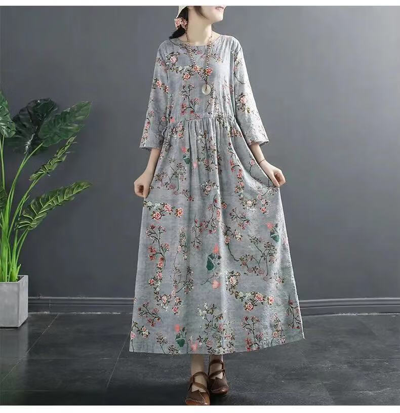 素订棉麻女装文艺复古碎花连衣裙女夏季新款宽松显瘦收腰大摆长裙高