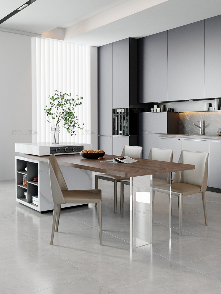 岛台餐桌一体导台餐桌一体歺桌岩板岛台餐桌一体黑胡桃木悬浮感亚克力