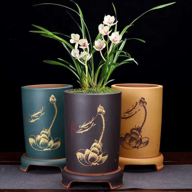 盆特大号宜兴紫砂花盆 嘉际 高腰兰花盆清水泥黑浆大号【图片 价格