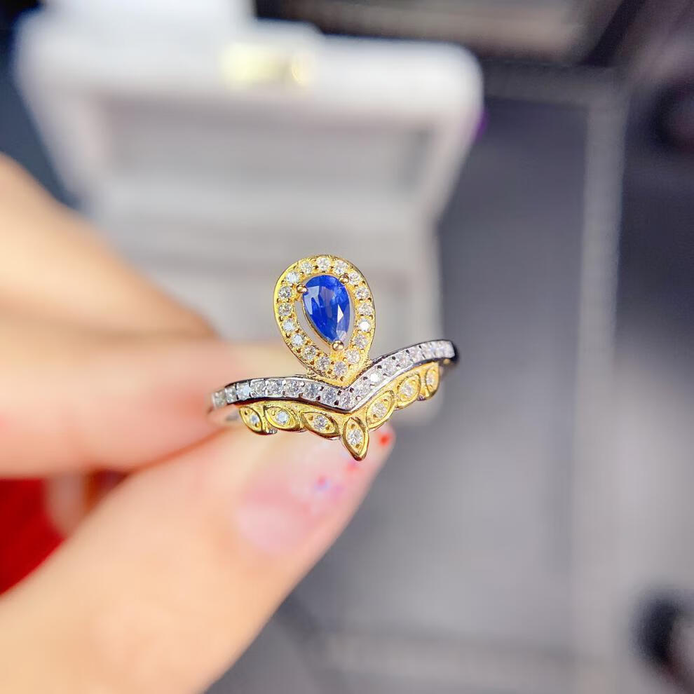 宝札坦桑石s925银饰戒指空托水滴形3*5新品镀金代镶嵌坦桑石翡翠红蓝