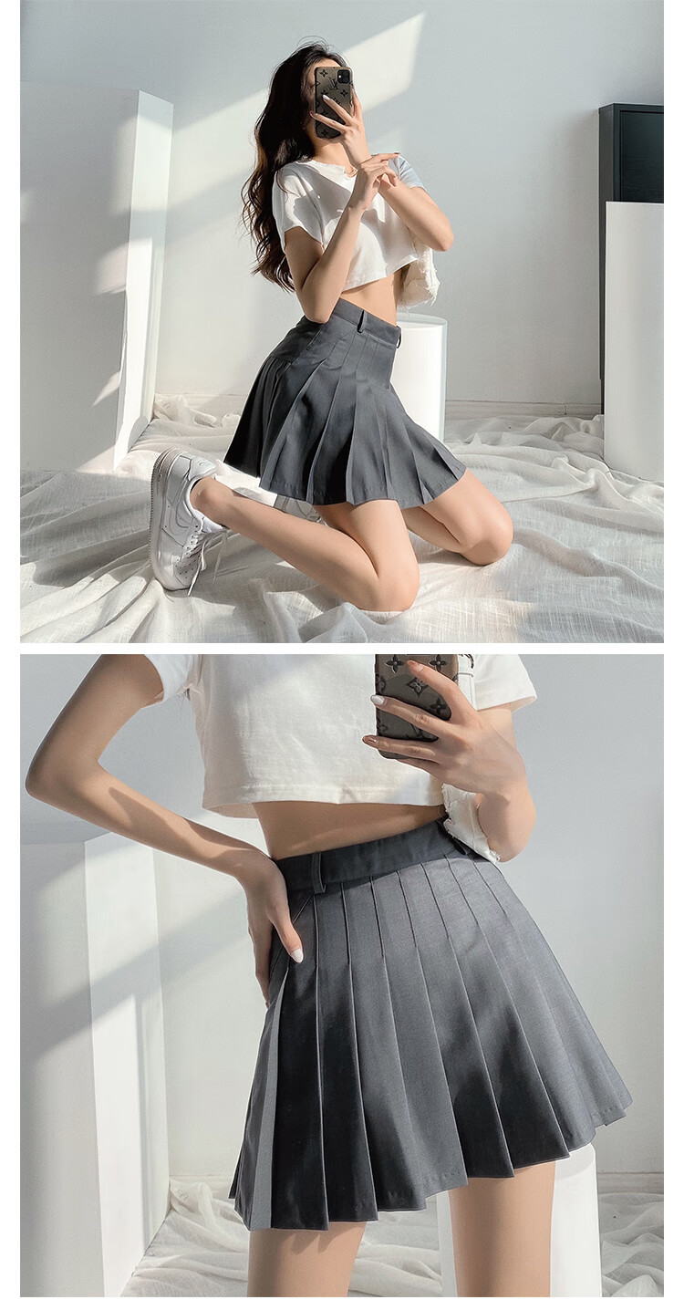 户外不用脱打野美式复古高腰显瘦百褶半身裙女夏黑色防走光超短裙白色