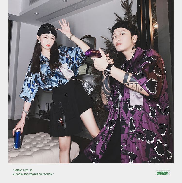 mamc街头欧美满印鲨鱼衬衫男情侣装夏季嘻哈国潮牌潮流宽松短袖女潮牌