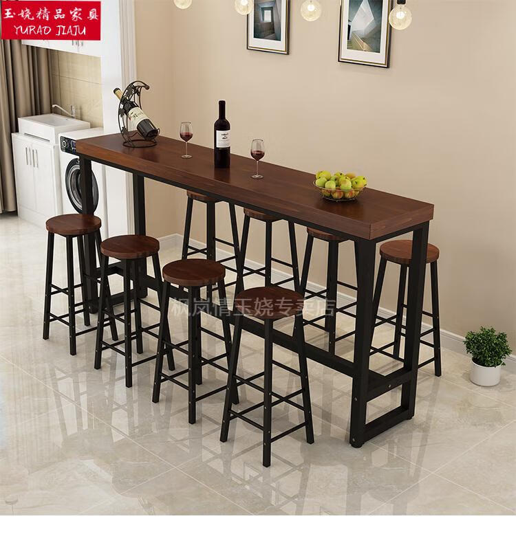 现代简约家用吧台桌椅组合家用吧台茶水机铁艺实木家用吧台桌靠墙长条