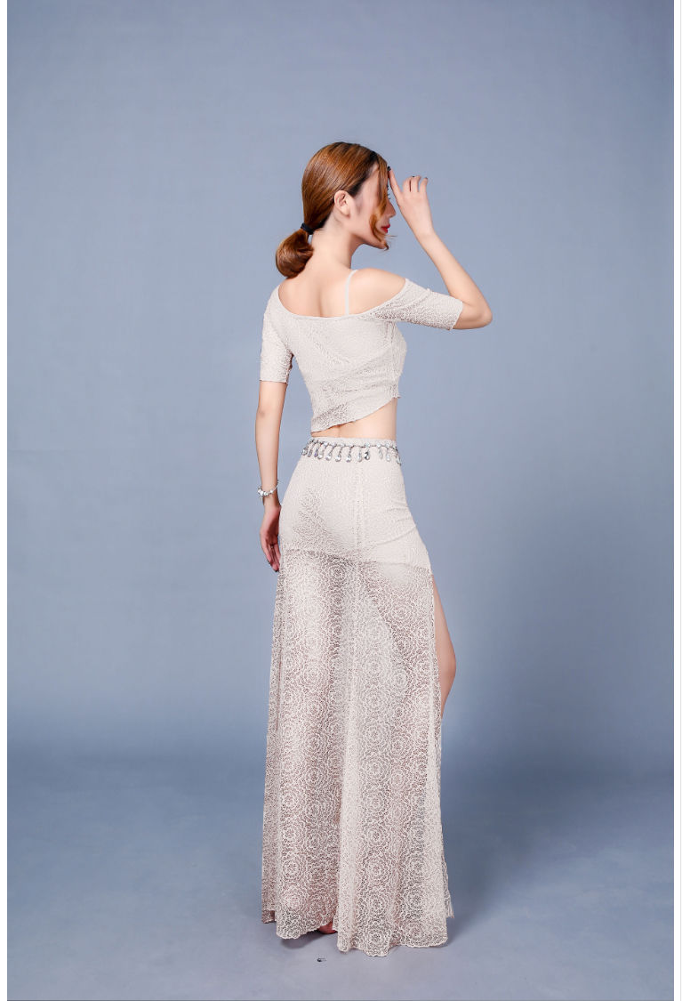 考级肚皮舞服装练功服2021新款蕾丝开叉长裙套装东方舞演出服酒红色