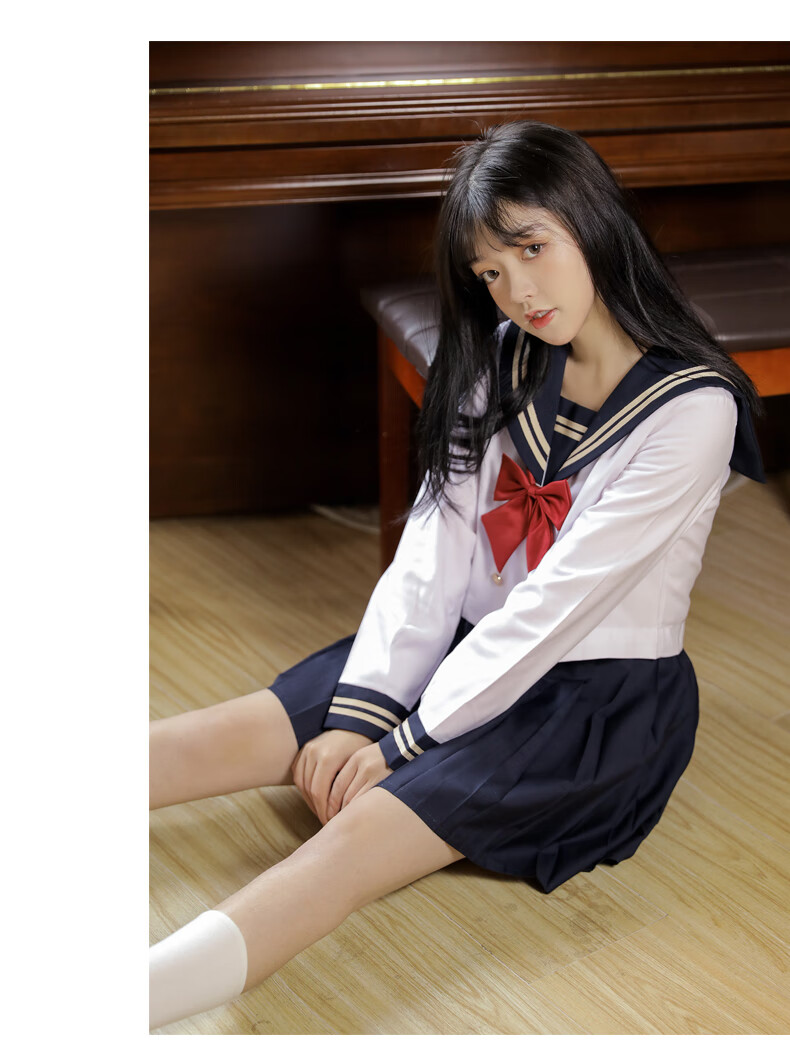 jk制服裙版学生百褶裙关西襟不良水手服学院风班服套装 藏青长裙(送黑