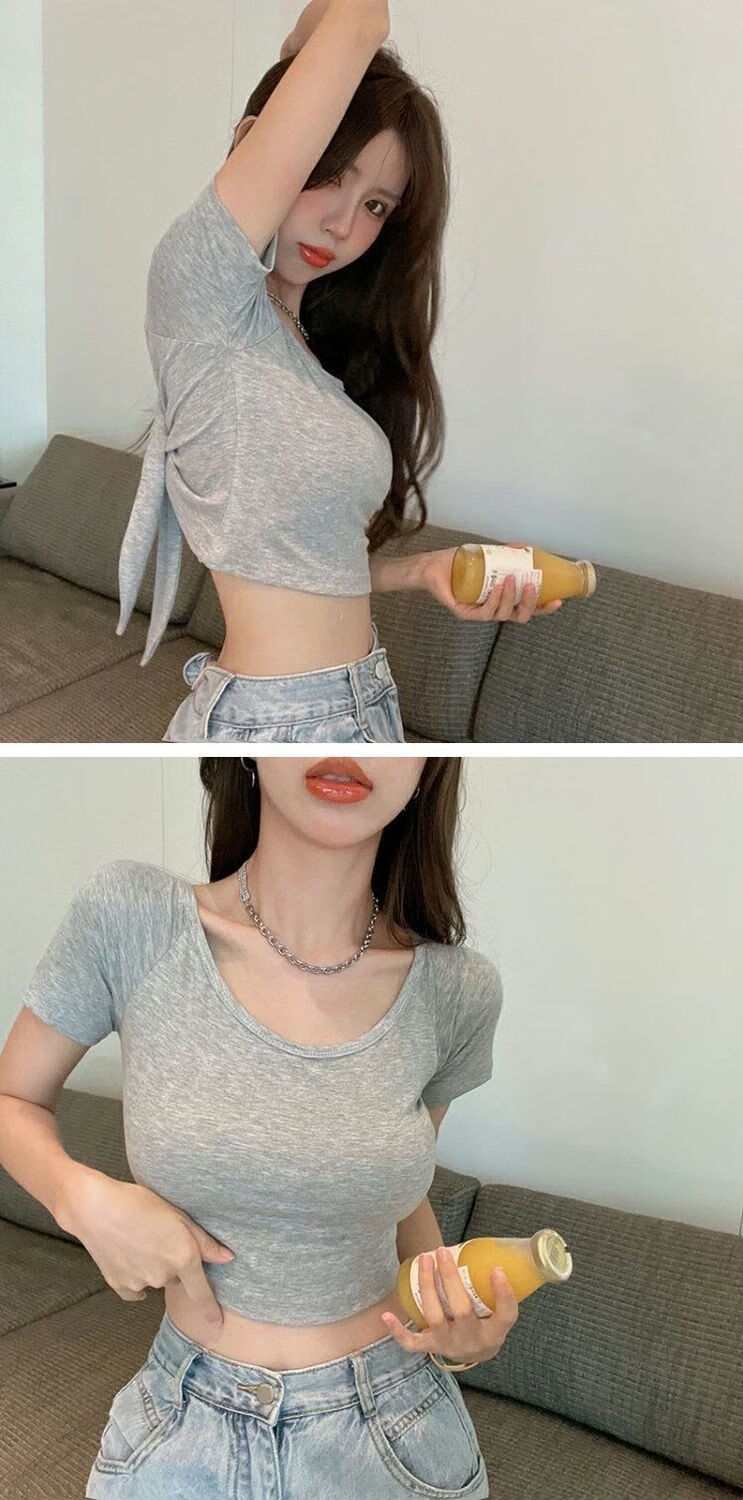 性感小心机深v前后两面穿t恤女士露背短款显胸大辣妹紧身上衣950灰色s