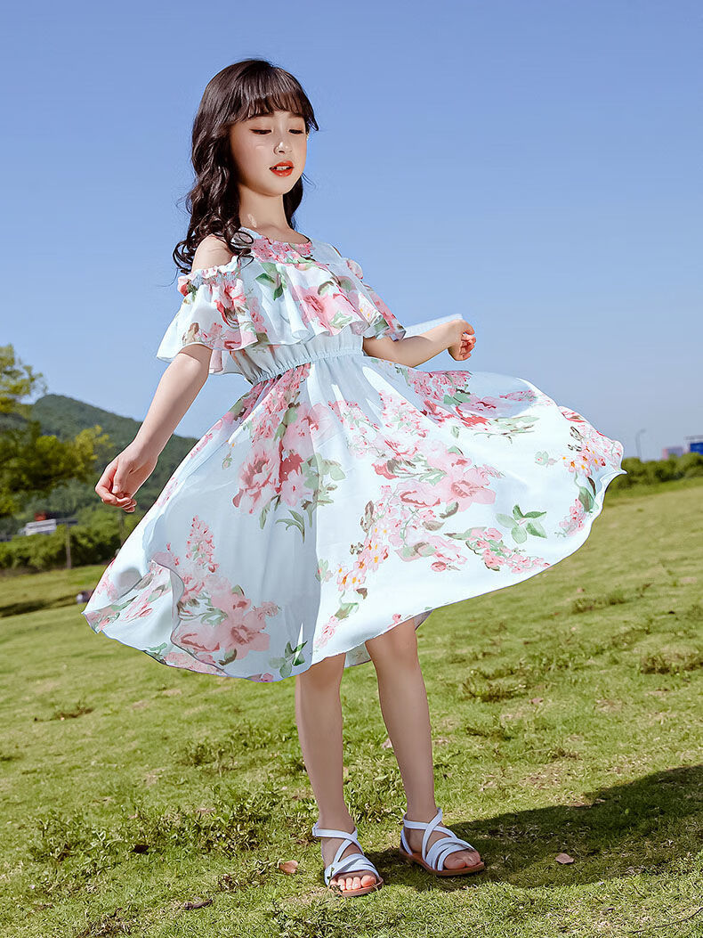 雪纺印花公主裙儿童中大童款露肩中长裙浅蓝色110适合身高100cm左右