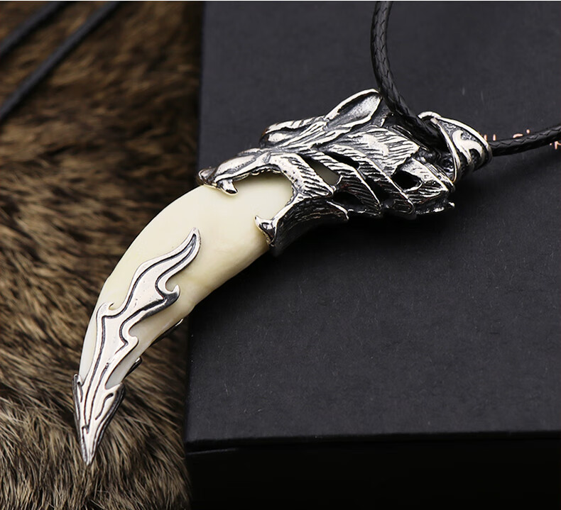 老品牌凤祥云款狼牙项链真牙藏獒牙吊坠银牙套黑狗牙原创设计情侣挂件