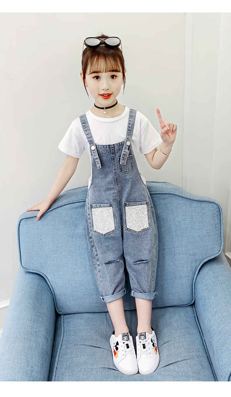 迪士尼品牌女童牛仔背带裤夏季薄款儿童夏款韩版破洞裤子潮女大童夏装