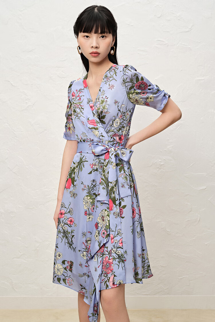 obbligato奥丽嘉朵2022夏款新款围裹式印花桑蚕丝连衣裙 蓝色 m/38