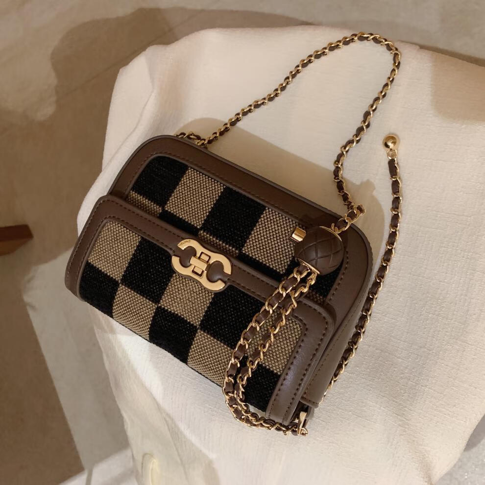 酷奇袋鼠链条小包包女2022新款复古单肩斜挎包咖色