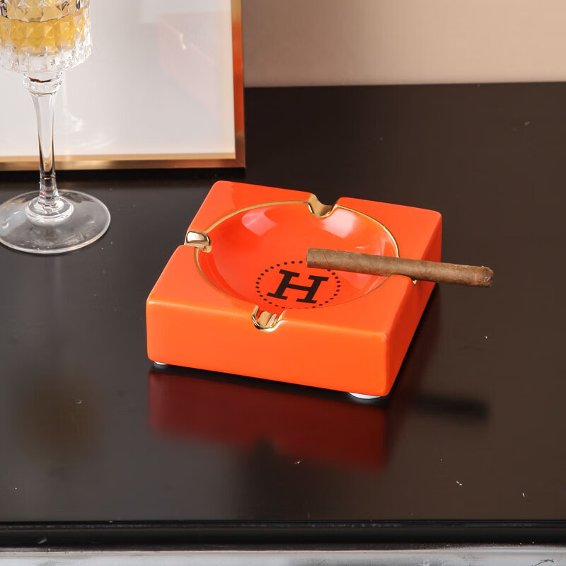 陶瓷爱马仕雪茄烟灰缸家用大号轻奢创意潮流雪茄现代黑色 18cm爱马仕