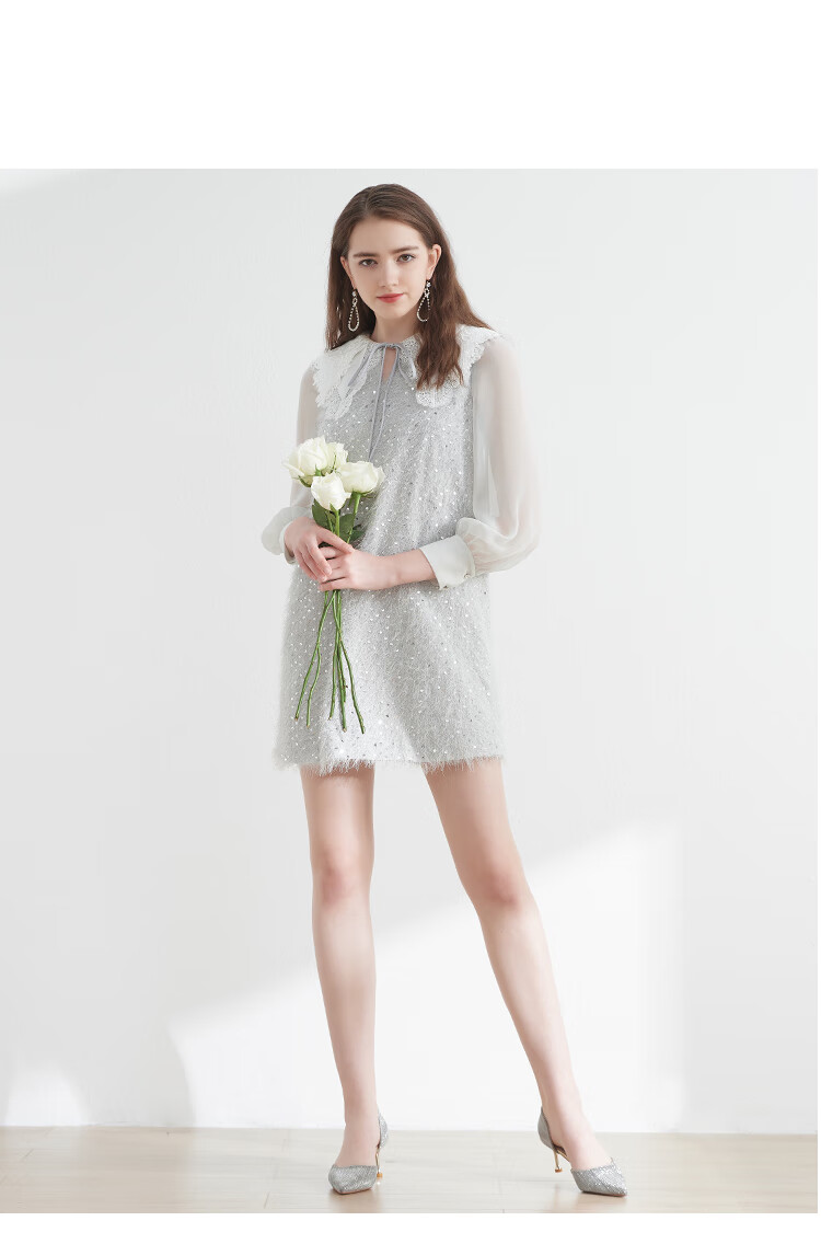 欣贺艾薇22春季新温柔网纱蕾丝尖领h版流苏亮片连衣裙m0560063灰色s