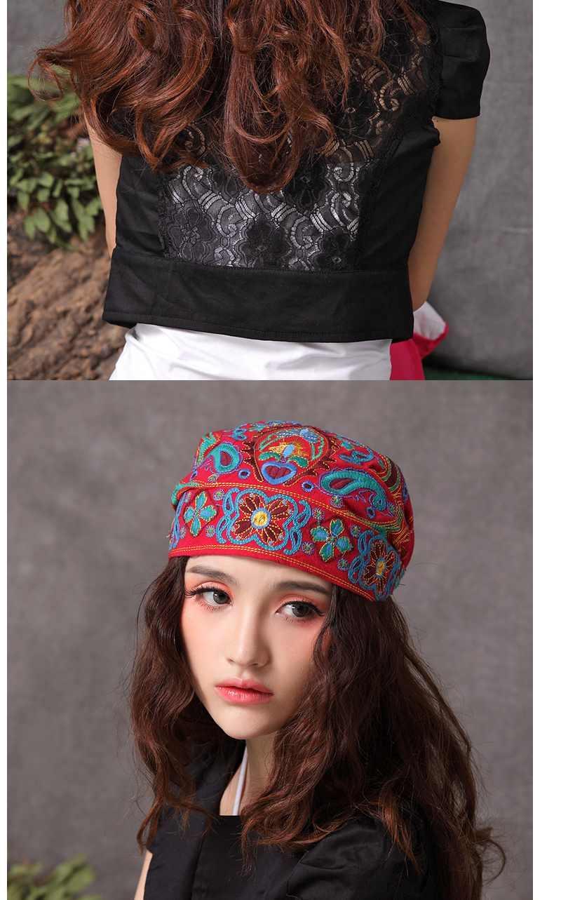 绣花头巾帽子民族风包头帽风四季复古绣花休闲帽子女红色头巾帽1010玫