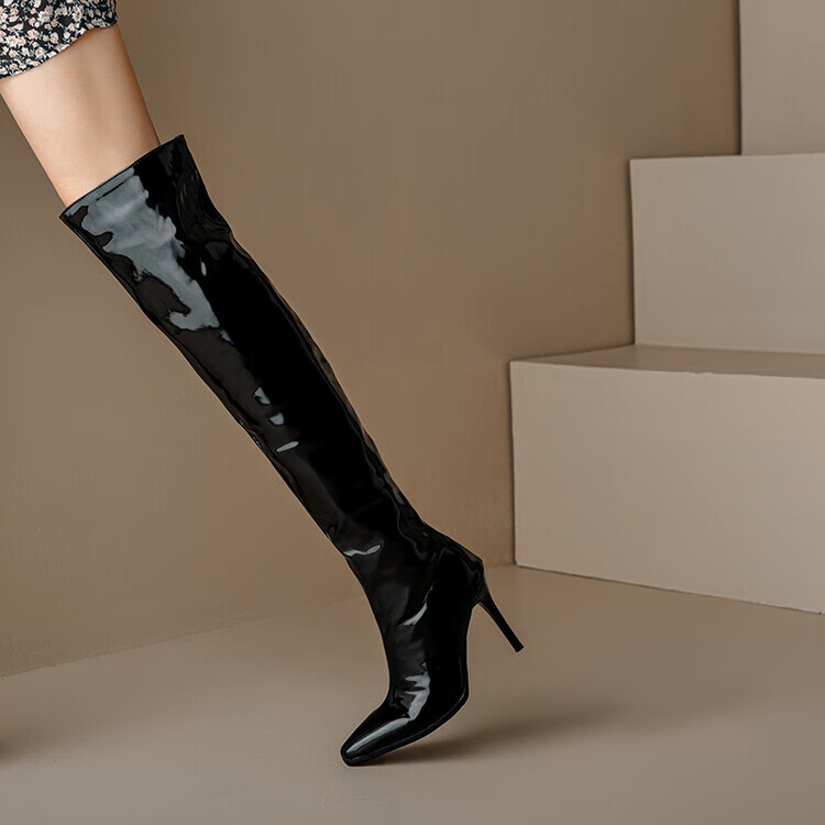 棠栖椰子(tangxiyezi)红色漆皮亮面长筒靴尖头细跟高跟过膝 白色 34