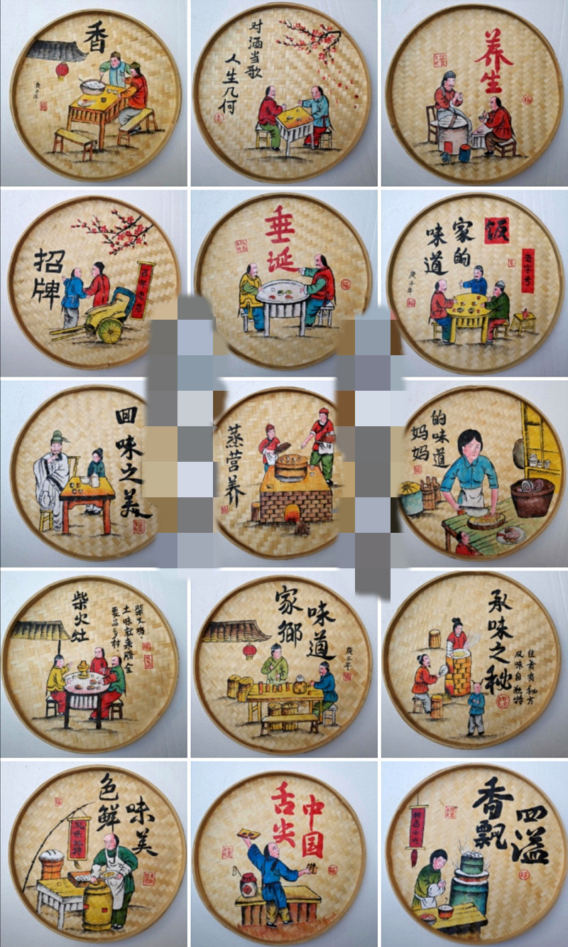 竹编画 手绘圆簸箕画竹编农家乐装饰米筛墙壁创意火锅饭店餐厅竹制品