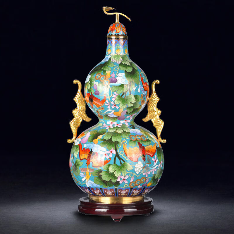白凤凰15寸景泰蓝花瓶蝙蝠耳葫芦掐丝葫芦瓶铜胎珐琅家居摆件工艺品