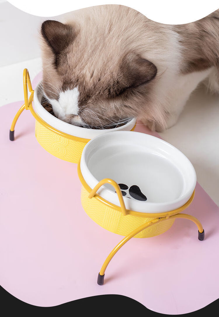 陶瓷猫碗高脚护颈防打翻双碗固定架宠物猫狗食盆水碗倾斜保护颈椎粉色