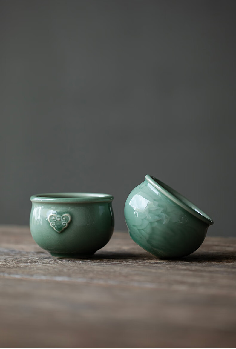 风水缸主人杯越窑青瓷茶杯大号主人杯陶瓷手工浮雕风水缸杯单个专用