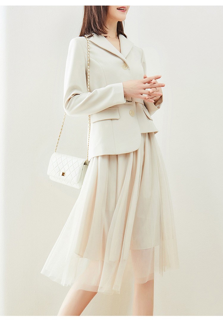 娅丽达西装连衣裙2020秋季秋款收腰显瘦黑色裙子不规则拼接网纱裙米色