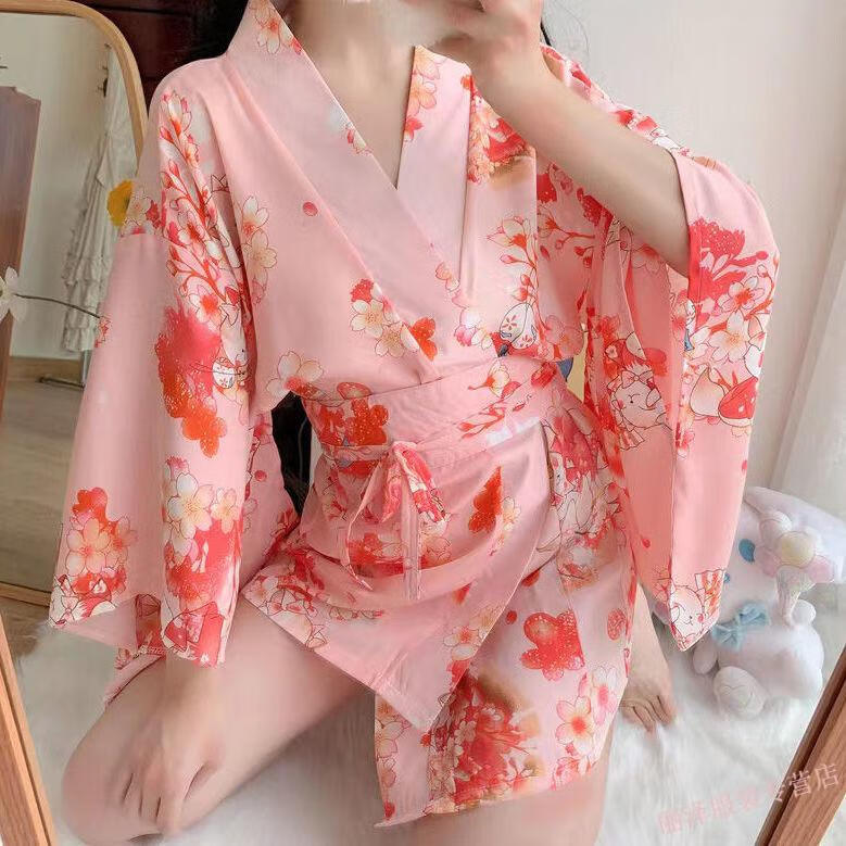 网红主播同款纯欲风日系浴袍日式和服可爱浴衣睡袍性感睡衣女 粉色
