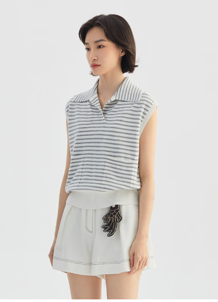 eachway艺之卉2022春夏新品商场同款无袖翻领文艺感条纹衬衫t恤7s条纹