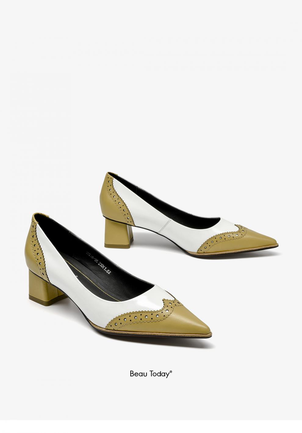 beautoday2020秋季新款尖头布洛克单鞋女鞋浅口粗跟英伦风高跟鞋 黑粉