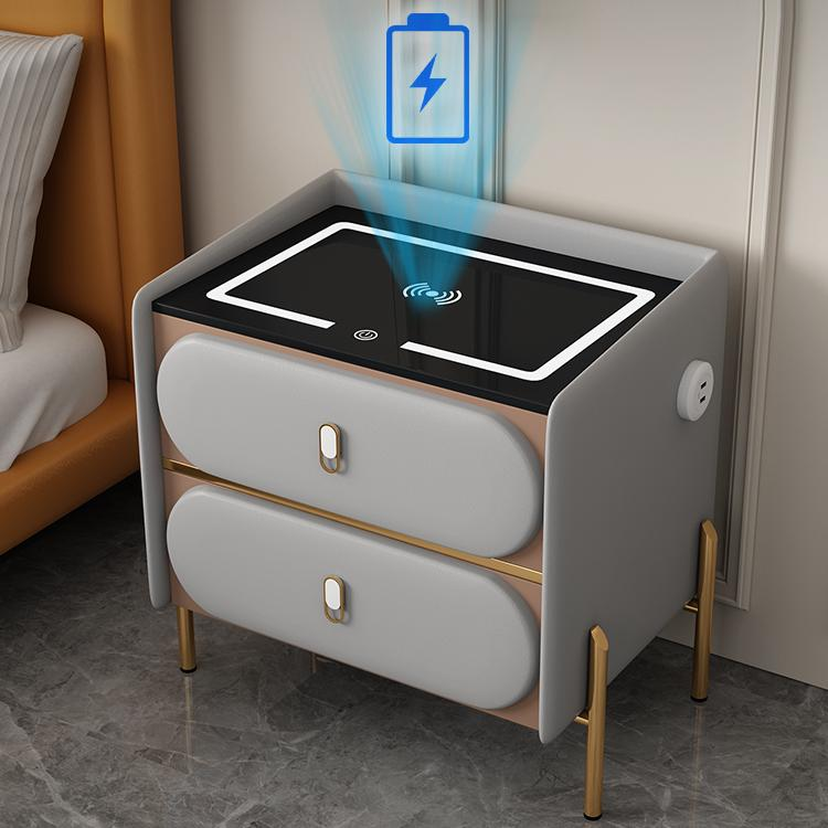 智能床头柜无线充电多功能实木收纳柜感简约现代迷你玻璃边柜 深咖色